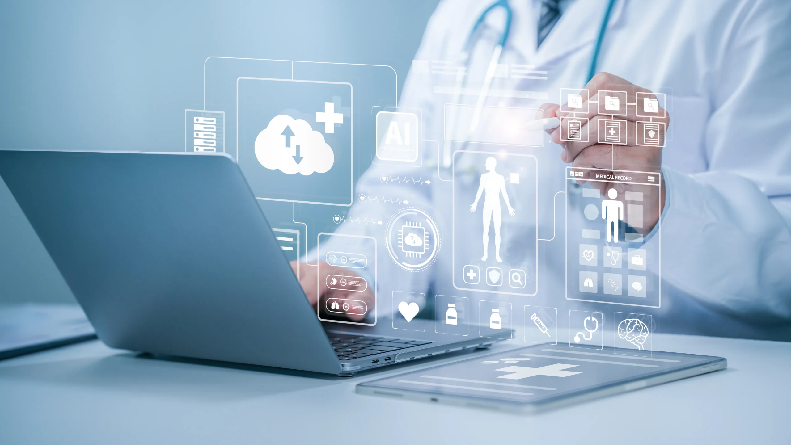 Smarter Connections, Better Care: How AI-Driven Communication Improves Patient Experience and Outcomes - medical-health-cloud-data-concept-a-doctor-analyzing-with-a-tablet-and-laptop-accessing-medical